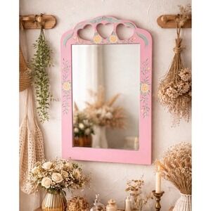 Vintage Pink Heart Hand Painted Floral Wall Mirror  Cottage Granny Core 20x14.5"